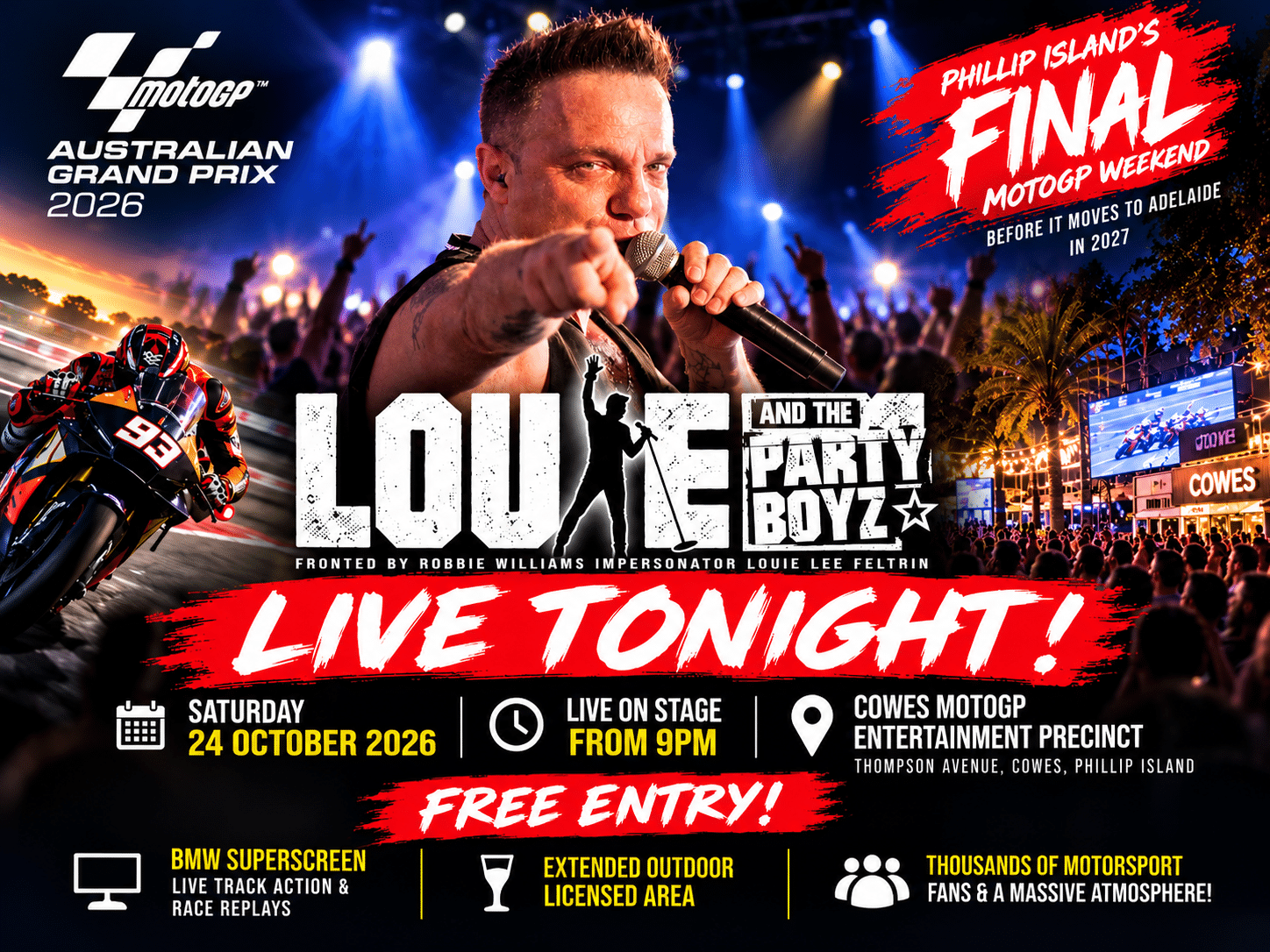 Louie Lee Feltrin performing with Louie and the Party Boyz at the 2026 Australian MotoGP Grand Prix celebrations in Cowes, Phillip Island. Promotional graphic featuring Louie, a MotoGP motorcycle, cheering crowds and free live entertainment on Saturday 24 October at 9pm.
